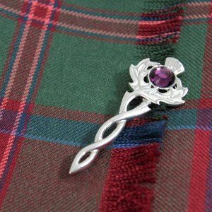 New Scotland Polished Pewter Thistle Kilt Scarf Pin Brooch Purple Gem